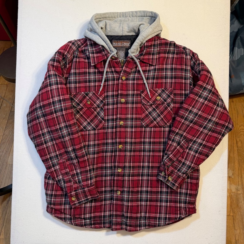 Moose Creek Mens Red Plaid Quilted Flannel Shirt Jacket Hooded Full Zip Large
